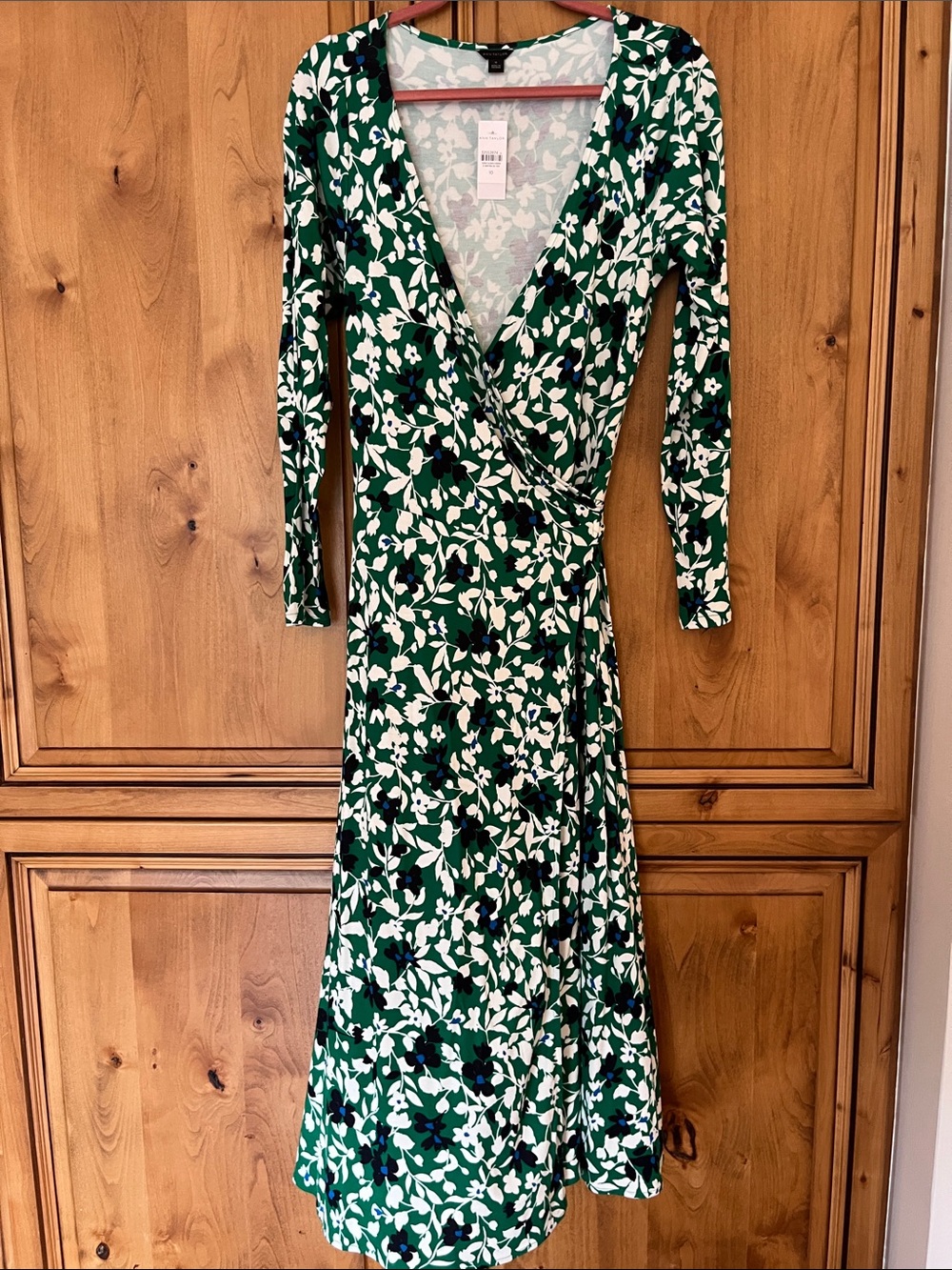 Ann Taylor Green and White Floral Long-Sleeve Wrap Dress